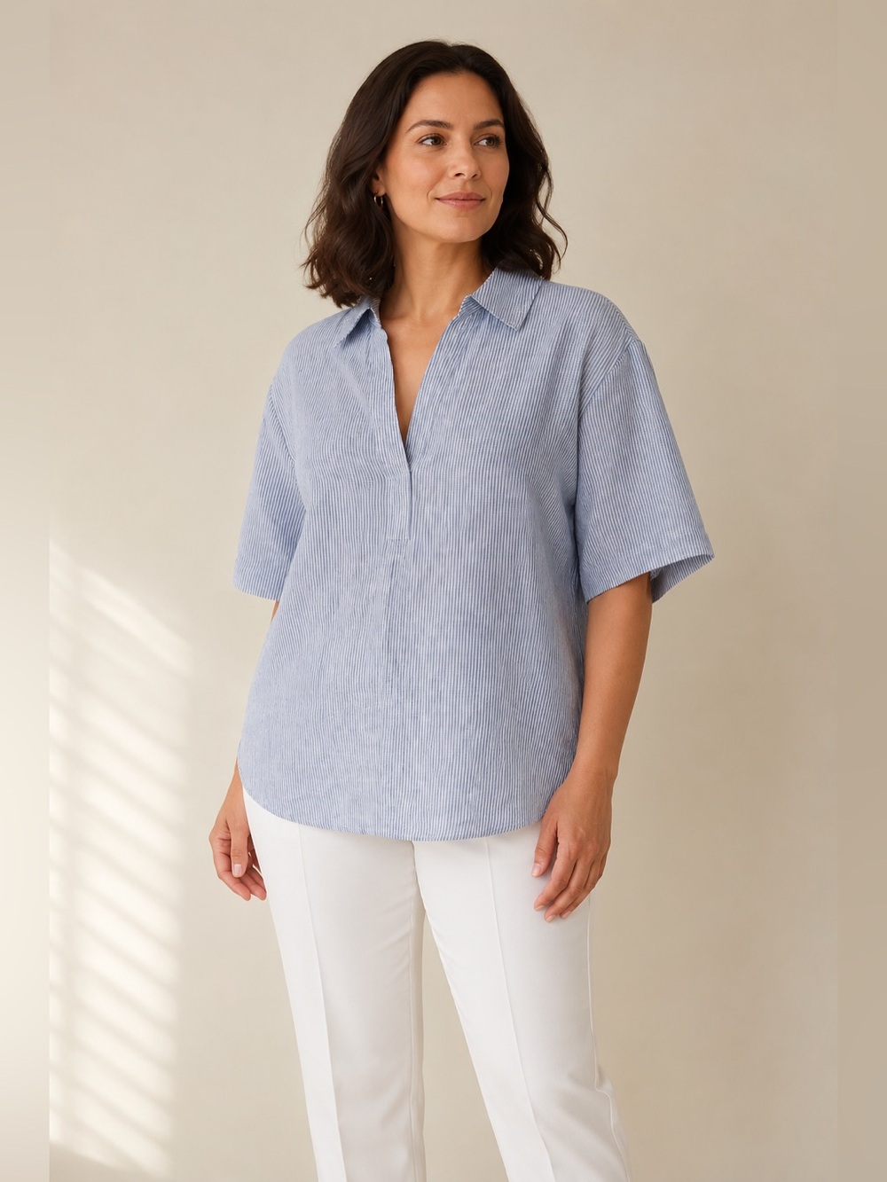 Quince 100% Linen Blue White Striped Split Neck Blouse Women’s Large